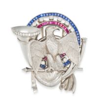 BOUCHERON, A FINE FRENCH RUBY, SAPPHIRE AND DIAMOND MILITARY BROOCH in 18ct white gold and platin...