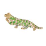 A DEMANTOID GARNET, DIAMOND AND RUBY CAT BROOCH in yellow gold, designed as a cat set throughout ...