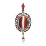 AN ANTIQUE GEMSET, BANDED AGATE AND ENAMEL HOLBEINESQUE BROOCH / PENDANT, 19TH CENTURY in yellow ...