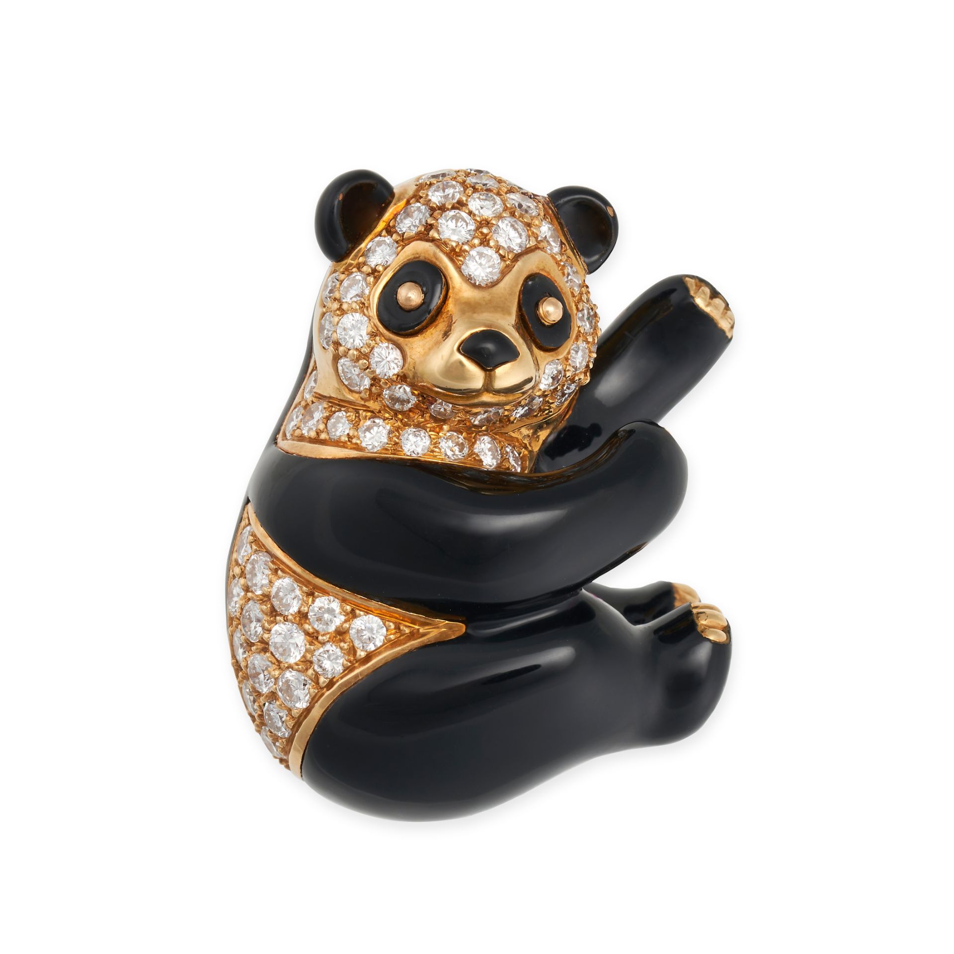 VAN CLEEF & ARPELS, A DIAMOND AND ENAMEL PANDA BROOCH in 18ct yellow gold, designed as a panda se...