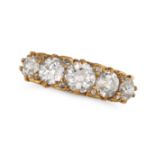 AN ANTIQUE FIVE STONE DIAMOND RING in 18ct yellow gold, set with five old European cut diamonds, ...