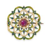 CARLO GIULIANO, AN ANTIQUE SPINEL AND ENAMEL BROOCH in yellow gold, set with a round cabochon spi...