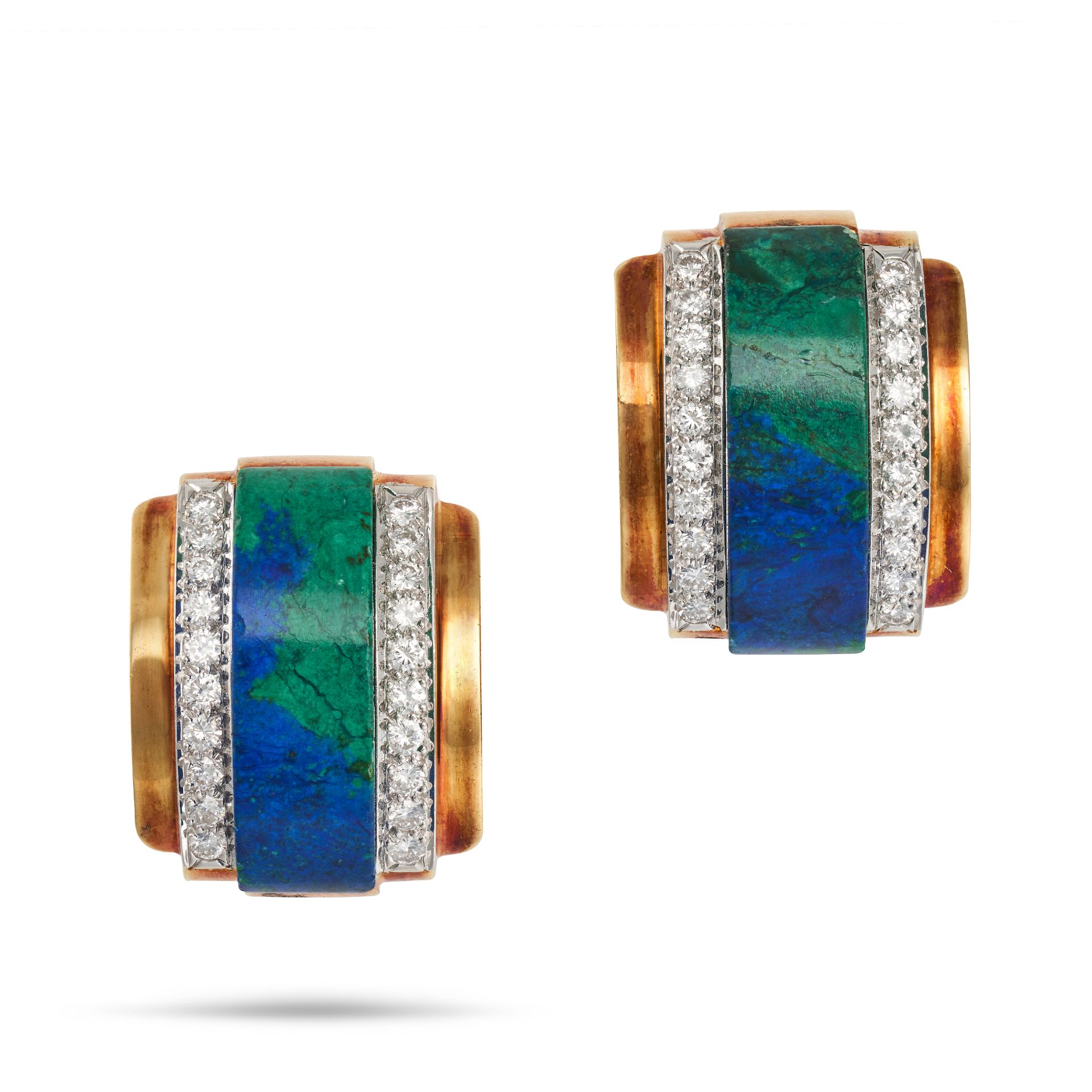 DAVID WEBB, A PAIR OF AZURITE AND DIAMOND CLIP EARRINGS in 18ct yellow gold and platinum, each se...