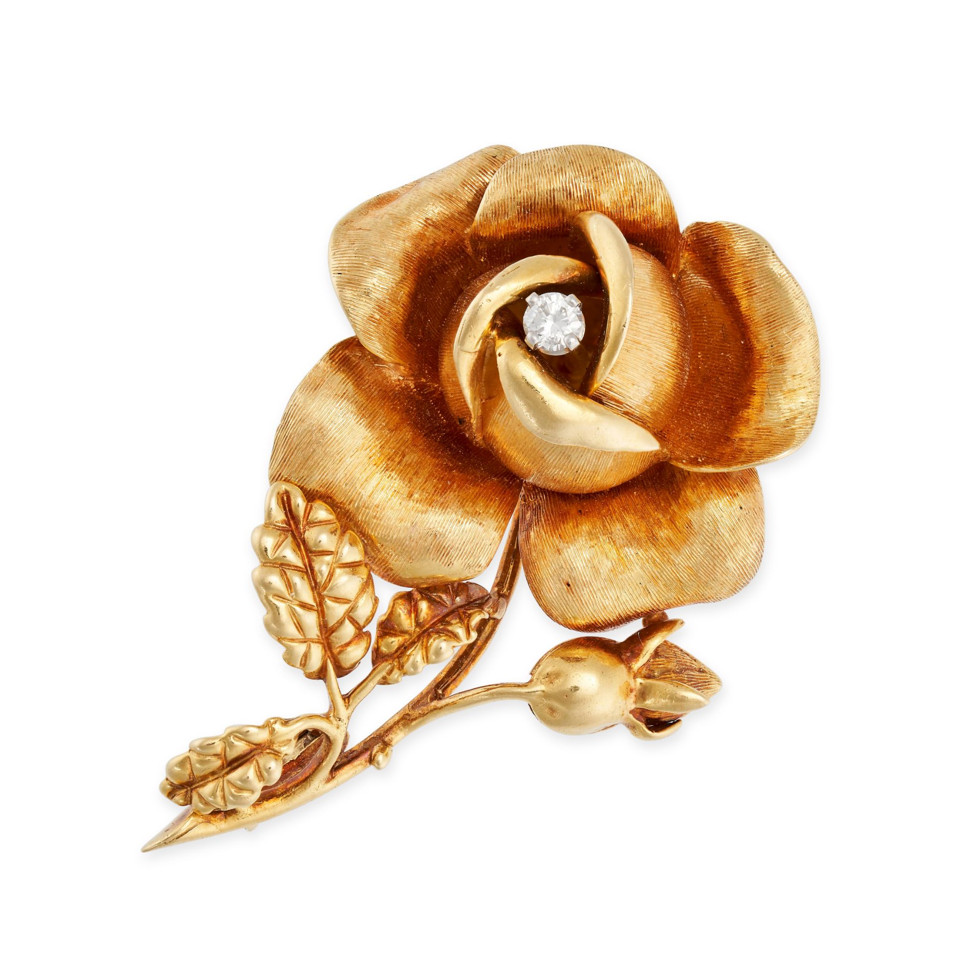 CARTIER, A VINTAGE DIAMOND ROSE BROOCH in 18ct yellow gold, designed as a rose with a flower and ...