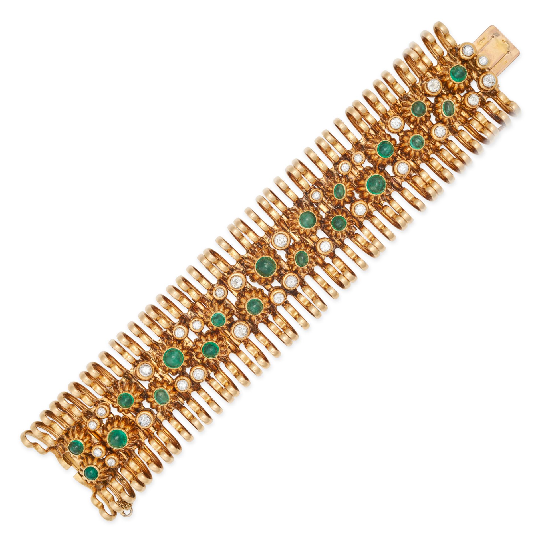 CHAUMET, AN EMERALD AND DIAMOND BRACELET in 18ct yellow gold and platinum, the stylised bracelet ...
