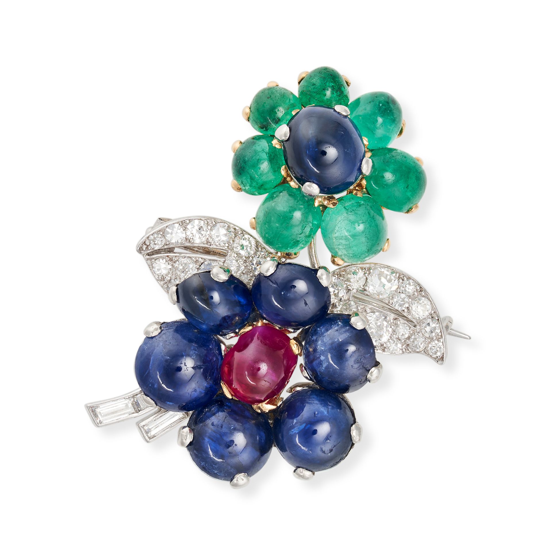 ATTR. CARTIER, A SAPPHIRE, EMERALD, RUBY AND DIAMOND FLOWER BROOCH in 18ct white and yellow gold,...
