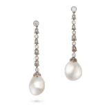 A PAIR OF NATURAL SALTWATER PEARL AND DIAMOND DROP EARRINGS in platinum, each comprising a row of...