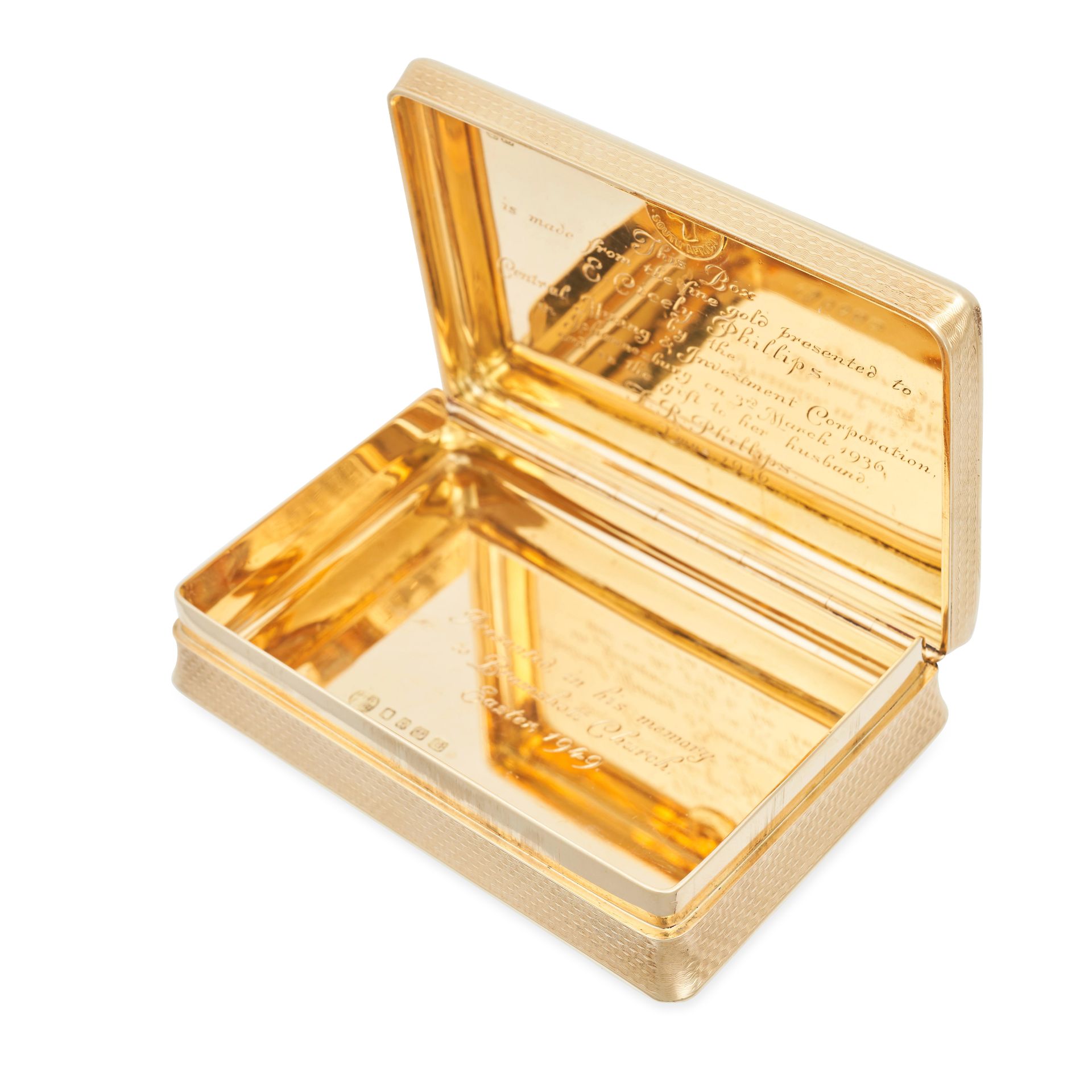 AN ART DECO GOLD SNUFF BOX, 1936 in 18ct yellow gold, the rectangular box decorated with engine t... - Image 2 of 2