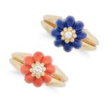 VAN CLEEF & ARPELS, A CORAL AND DIAMOND RING AND A LAPIS LAZULI AND DIAMOND RING in 18ct yellow g...