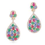 A PAIR OF RUBY, SAPPHIRE, EMERALD AND DIAMOND TUTI FRUTTI EARRINGS in 18ct yellow gold, each set ...