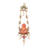 A RARE ANTIQUE VICTORIAN RENAISSANCE REVIVAL CARVED AGATE AND ENAMEL PENDANT in 18ct yellow gold,...