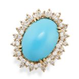 A TURQUOISE AND DIAMOND CLUSTER RING in 18ct yellow gold, set with a cabochon turquoise in a trip...