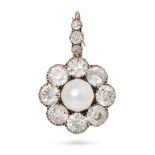 AN ANTIQUE NATURAL SALTWATER PEARL AND DIAMOND CLUSTER PENDANT in yellow gold and silver, set wit...