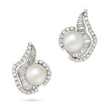 A PAIR OF DIAMOND AND PEARL EARRINGS in platinum, each set with a pearl of 13.3mm and 13.5mm resp...