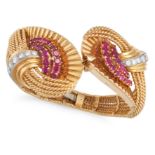 KUTCHINSKY, A VINTAGE RUBY AND DIAMOND BRACELET, 1961 in 18ct yellow gold, the hinged twisted rop...