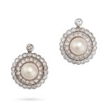 A PAIR OF NATURAL SALTWATER PEARL AND DIAMOND EARRINGS in yellow gold and platinum, each set with...