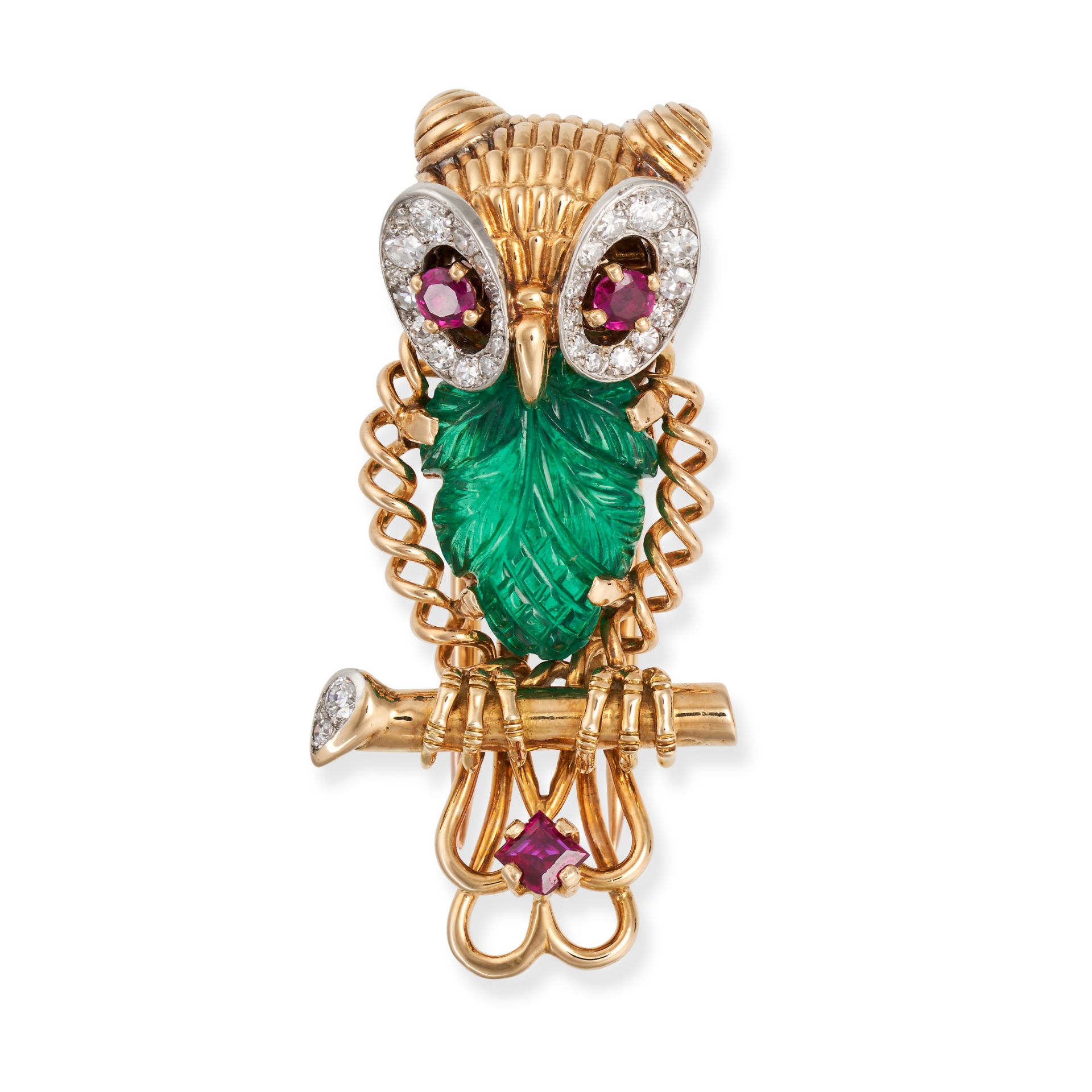 CARTIER, A COLOMBIAN EMERALD, RUBY AND DIAMOND OWL BROOCH, CIRCA 1950 in 18ct yellow gold, design...