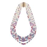 BULGARI, A PEARL, SAPPHIRE, RUBY AND DIAMOND NECKLACE in 18ct yellow gold, comprising five rows o...