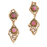 A PAIR OF MODERNIST WATERMELON TOURMALINE AND DIAMOND DROP EARRINGS, 1970S in 18ct yellow gold, e...