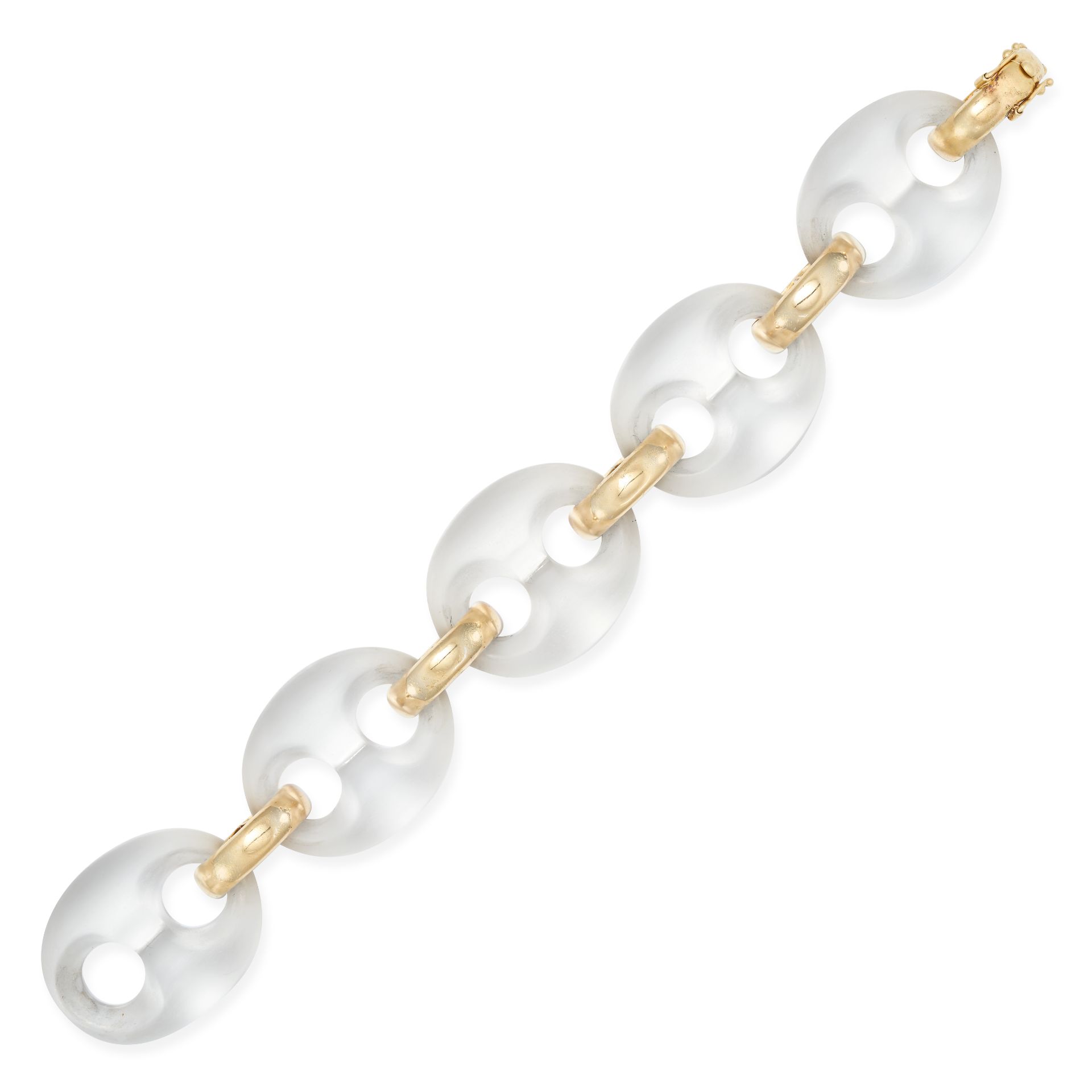 AN EXQUISITE ROCK CRYSTAL MARINER LINK BRACELET in 18ct yellow gold, comprising five large carved...