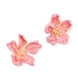 JAR, A PAIR OF PINK ENAMEL FLOWER EARRINGS in 18ct yellow gold and silver, each designed as an al...