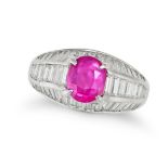 A BURMA NO HEAT RUBY AND DIAMOND RING in 18ct white gold, set with an oval cut ruby of 1.91 carat...