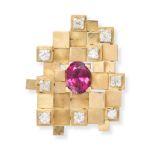 A MODERNIST PINK TOURMALINE AND DIAMOND PENDANT, 1979 in 18ct yellow gold, designed as a series o...