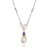 A NATURAL SALTWATER PEARL, DIAMOND AND ENAMEL NECKLACE in white gold and platinum, comprising a f...