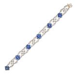 A SAPPHIRE, PEARL AND DIAMOND BRACELET in platinum and yellow gold, set with a row of alternating...