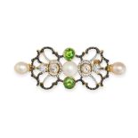 CARLO GIULIANO, A FINE ANTIQUE PEARL, DEMANTOID GARNET, DIAMOND AND ENAMEL BROOCH in yellow gold,...