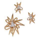 KUTCHINSKY, A MODERNIST DIAMOND STAR BROOCH AND EARRINGS SUITE, 1969 in yellow and white gold, th...