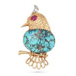 CARTIER, A FINE VINTAGE TURQUOISE, RUBY AND DIAMOND BIRD BROOCH, CIRCA 1955 in 18ct yellow gold, ...