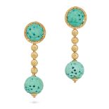 BUCCELLATI, A PAIR OF VINTAGE TURQUOISE DROP EARRINGS in 18ct yellow gold, each comprising a carv...