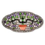 AN EXQUISITE ANTIQUE ART DECO FRENCH MULTIGEM JAPONISME BROOCH in 18ct white gold, designed as a ...