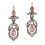 A PAIR OF ANTIQUE FOILED PINK TOPAZ AND DIAMOND DROP EARRINGS in yellow gold and silver, each set...