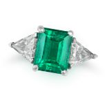 A COLOMBIAN EMERALD AND DIAMOND RING in platinum, set with an octagonal step cut emerald of 3.30 ...