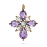 AN ANTIQUE AMETHYST AND AQUAMARINE CROSS BROOCH / PENDANT in yellow gold, designed as a cross set...