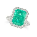 A COLOMBIAN EMERALD AND DIAMOND RING in platinum, set with an octagonal step cut emerald of 6.19 ...