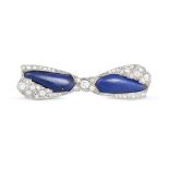 TIFFANY & CO., AN ANTIQUE ART DECO LAPIS LAZULI AND DIAMOND BOW BROOCH in platinum and white gold...