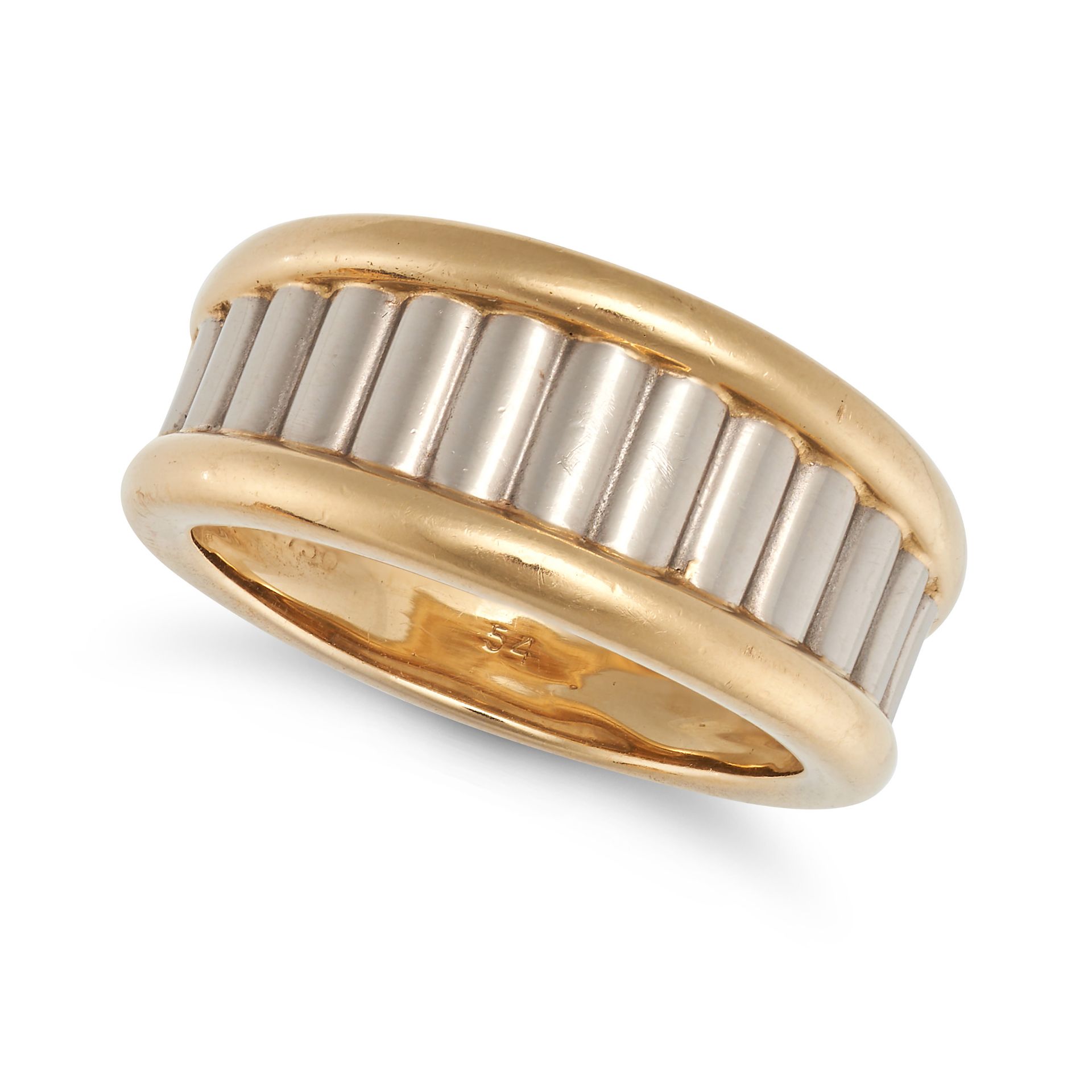 CARTIER, A GOLD RING in 18ct yellow and white gold, the tapering band with a central fluted white...