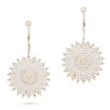 A PAIR OF DIAMOND AND PEARL DROP EARRINGS in 14ct yellow gold, each comprising a hoop set with ro...
