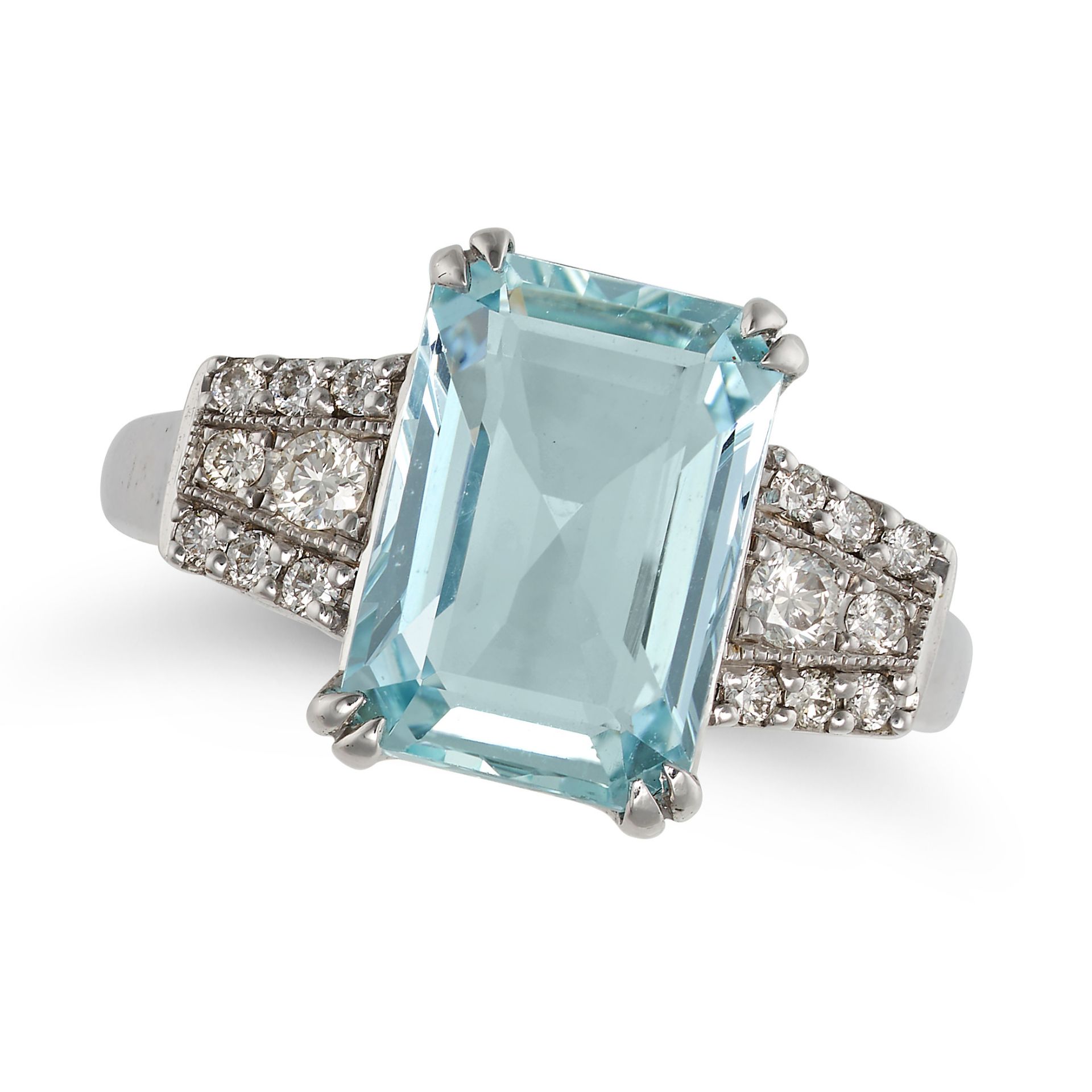 AN AQUAMARINE AND DIAMOND DRESS RING in 18ct white gold, set with an octagonal step cut aquamarin...