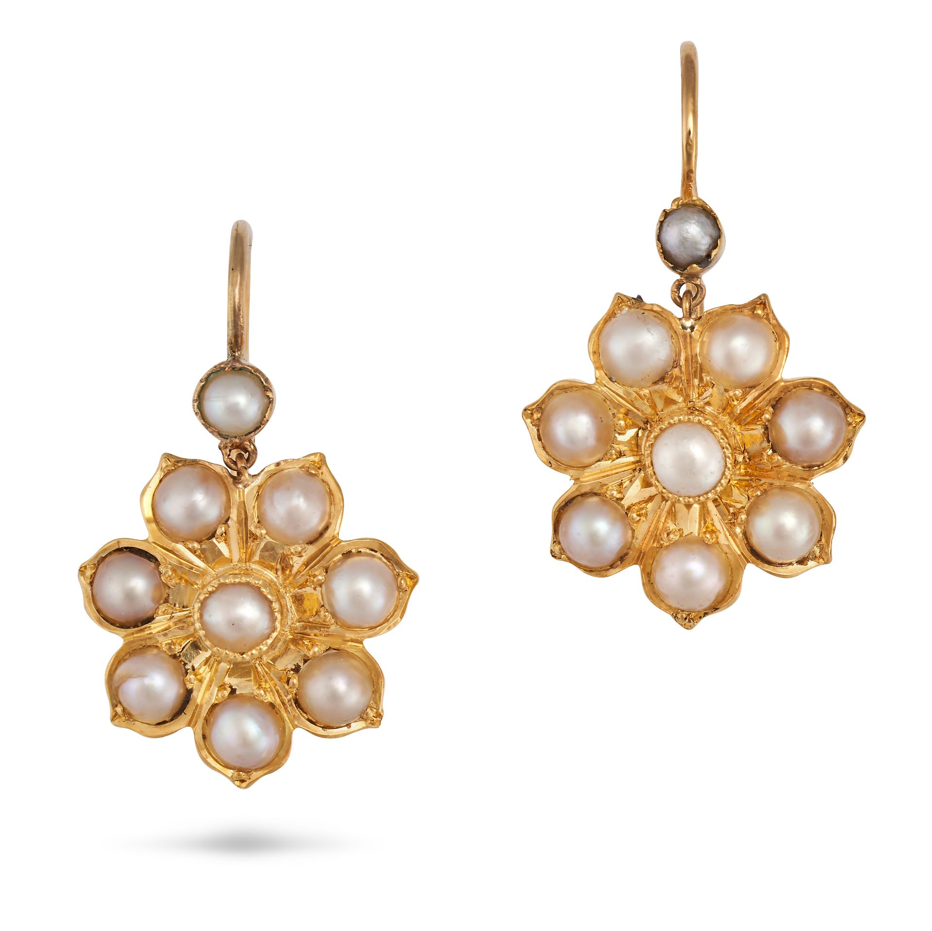 A PAIR OF PEARL FLOWER EARRINGS in 15ct yellow gold, each comprising a pearl suspending a cluster...