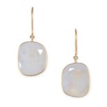 A PAIR OF RAINBOW MOONSTONE DROP EARRINGS in 14ct yellow gold, each set with a fancy shaped rainb...