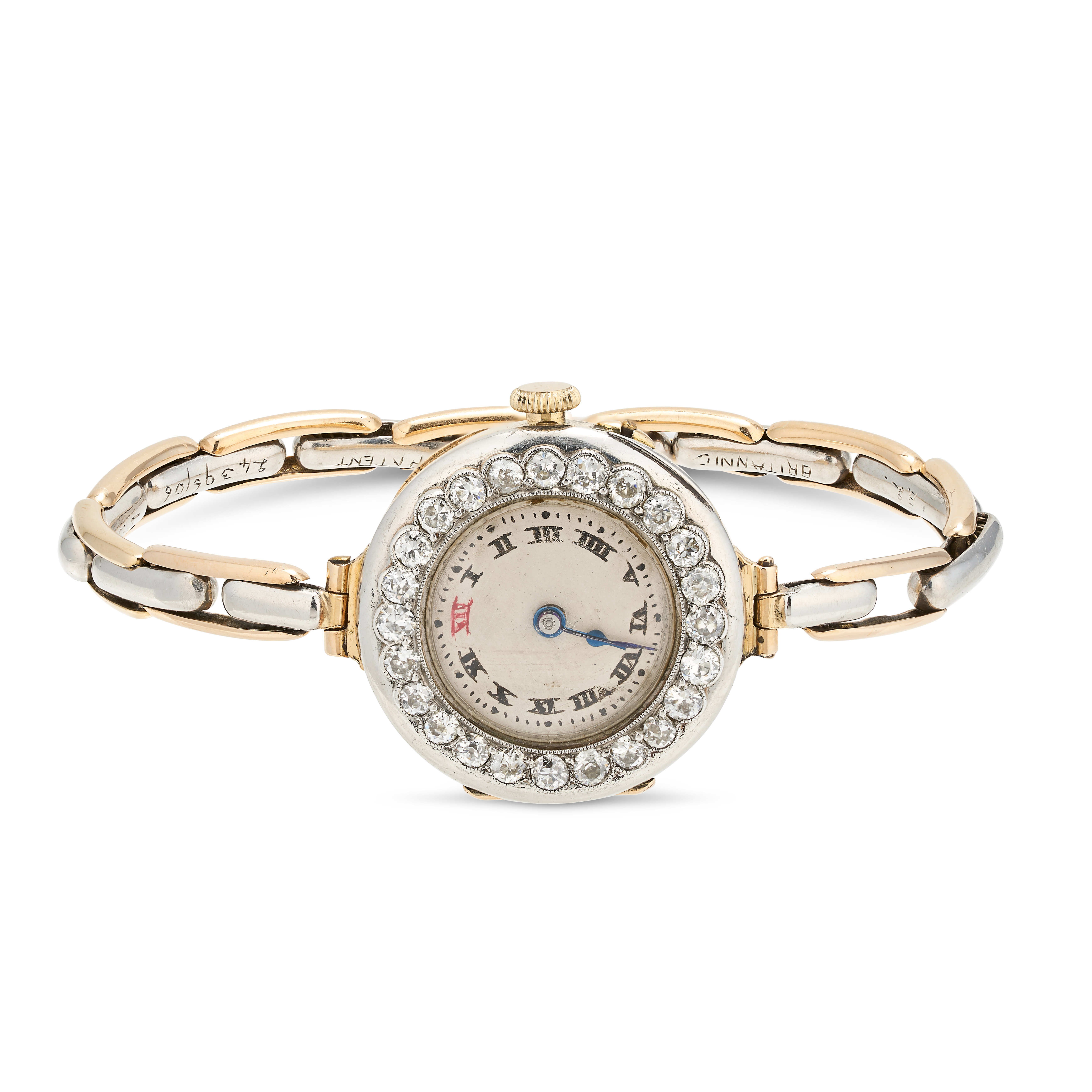 AN ANTIQUE DIAMOND COCKTAIL WATCH, 1912 in 18ct yellow gold and white gold, the circular dial wit...