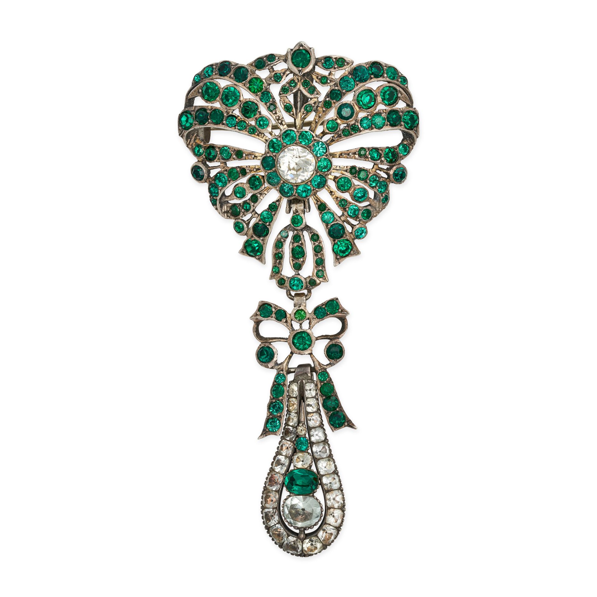 AN ANTIQUE PASTE GIRANDOLE BROOCH / PENDANT in silver, set throughout with green and white paste ...