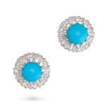 A PAIR OF RECONSTITUTED TURQUOISE AND DIAMOND CLUSTER EARRINGS in white gold, each set with a rou...