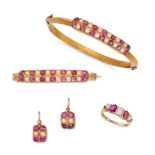 AN ANTIQUE RUBY AND PEARL SUITE in yellow gold, the hinged bangle set with two rows of alternatin...