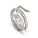 A DIAMOND SNAKE RING in white gold, designed as a coiled snake, the head set with a round brillia...