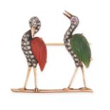 AN ANTIQUE DIAMOND, RUBY AND AGATE BIRD BROOCH in yellow gold and silver, designed as a pair of b...